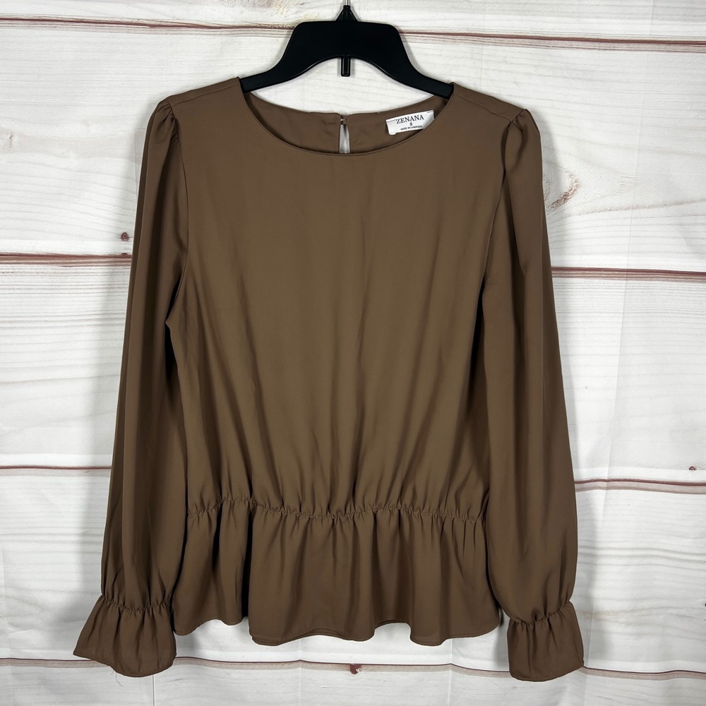 Zenana‎ Peplum Blouse Womens Small Brown Long Sleeve Minimalist Neutral Top